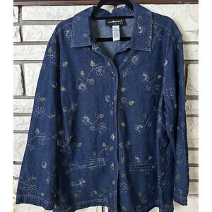 SAG HARBOR Womens Button Up Shirt Top 2X Long Sleeve Floral Embroidery Blue Jean